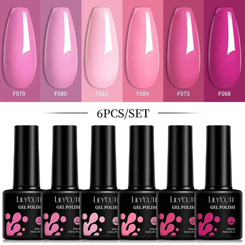 LILYCUTE 6Pcs/Set 7ML Gel DIY Nail Polish Bright Pink Semi Permanent Soak Off UV LED Gel Varnish Nail Art Design Manicure ...