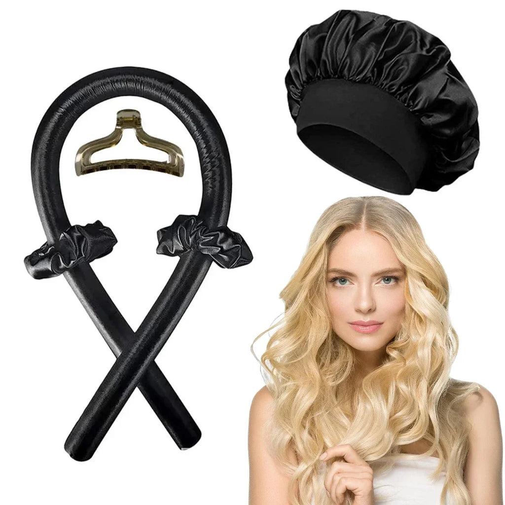Heatless Curling Rod Headband Night Cap No Heat Hair Curler Hair Rollers Soft Curlers Lazy Curls Sleeping Bonnet Styling Tools Black with cap