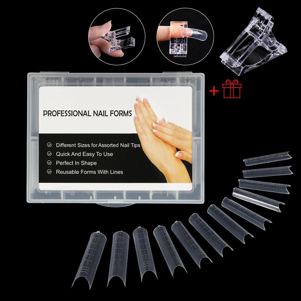 NEW Stiletto Coffin Clear Dual Forms False Tips Quick Building Gel Mold Nail System Full Cover Nail Extension Forms Top A-...