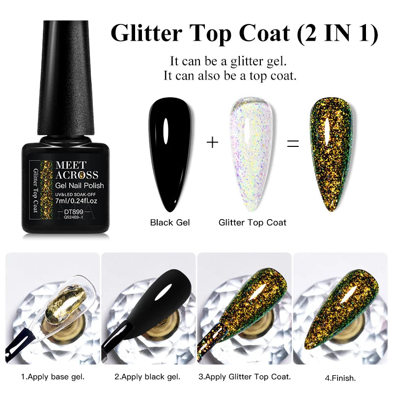 MEET ACROSS 7ml Dark Color Glitter Top Coat Gel For Nails Brocade Powder 2 In 1 Chameleon Nail Art Gel Varnish Manicure - 