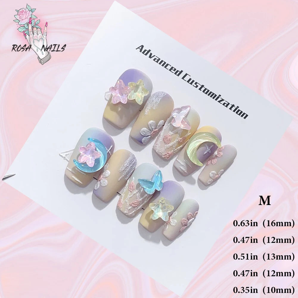 Silver Star Fake Nail Pressons Short Square Clear Rhinestones Punk Tip Saturn Stars False Tips Presson Y2k Black Press on Nails M (No.24409)