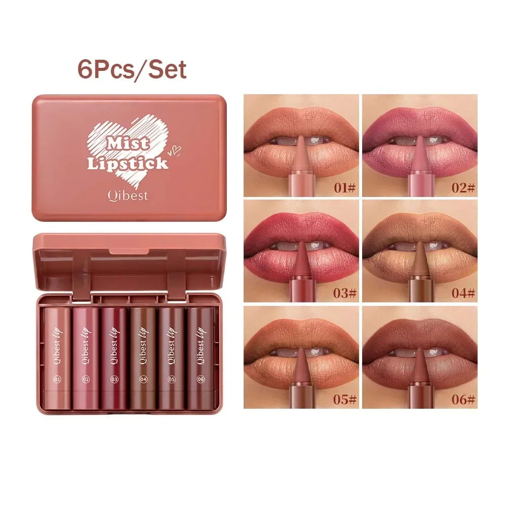 QIBEST 6PCS Lasting Matte Lipstick Pencil Set Twist-Up Velvet Matte Lip Stick Pen Smooth Pink Red Lipliner Lips Crayon Makeup 6PCS SET