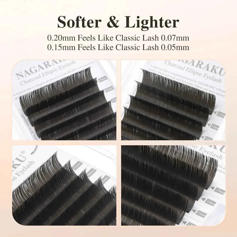 NAGARAKU Flat Ellipse Eyelashes Split Tips L Curl Lashes 0.15 0.20 Matte Charcoal Super Soft Natural Eyelash Extension - 