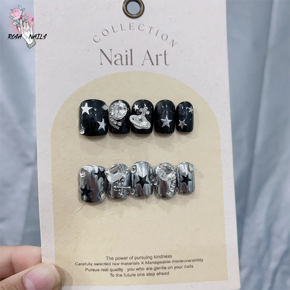 Silver Star Fake Nail Pressons Short Square Clear Rhinestones Punk Tip Saturn Stars False Tips Presson Y2k Black Press on Nails