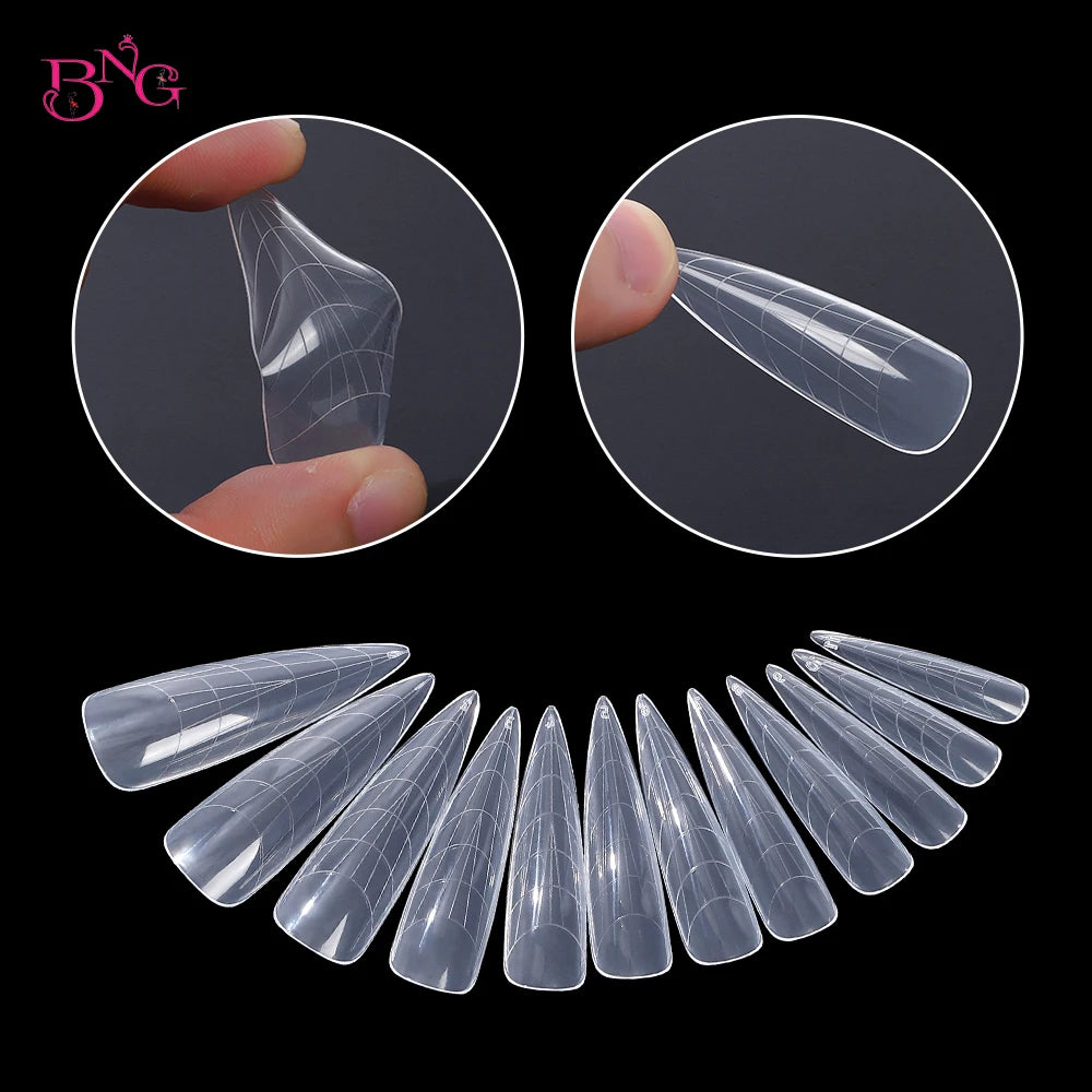 NEW Stiletto Coffin Clear Dual Forms False Tips Quick Building Gel Mold Nail System Full Cover Nail Extension Forms Top - 