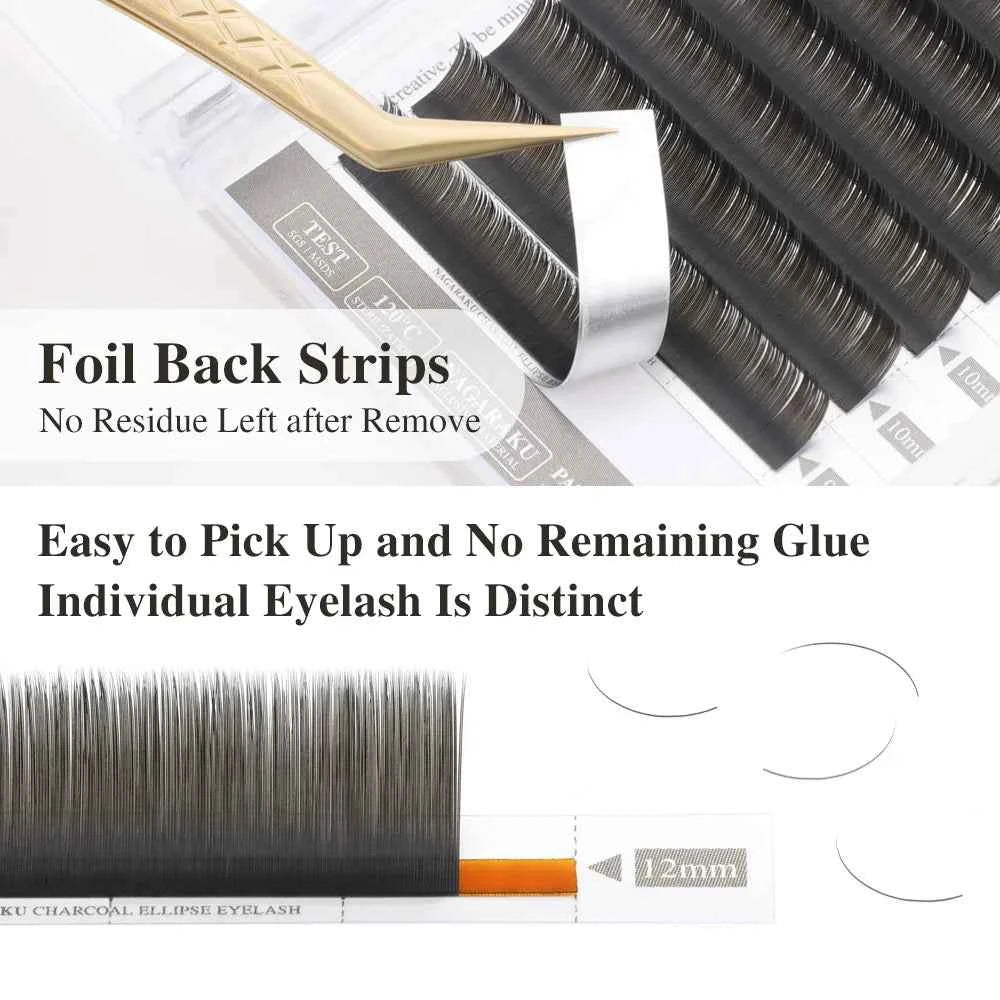 NAGARAKU Flat Ellipse Eyelashes Split Tips L Curl Lashes 0.15 0.20 Matte Charcoal Super Soft Natural Eyelash Extension - 
