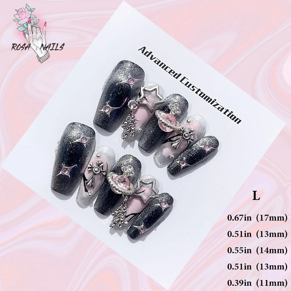 Silver Star Fake Nail Pressons Short Square Clear Rhinestones Punk Tip Saturn Stars False Tips Presson Y2k Black Press on ...