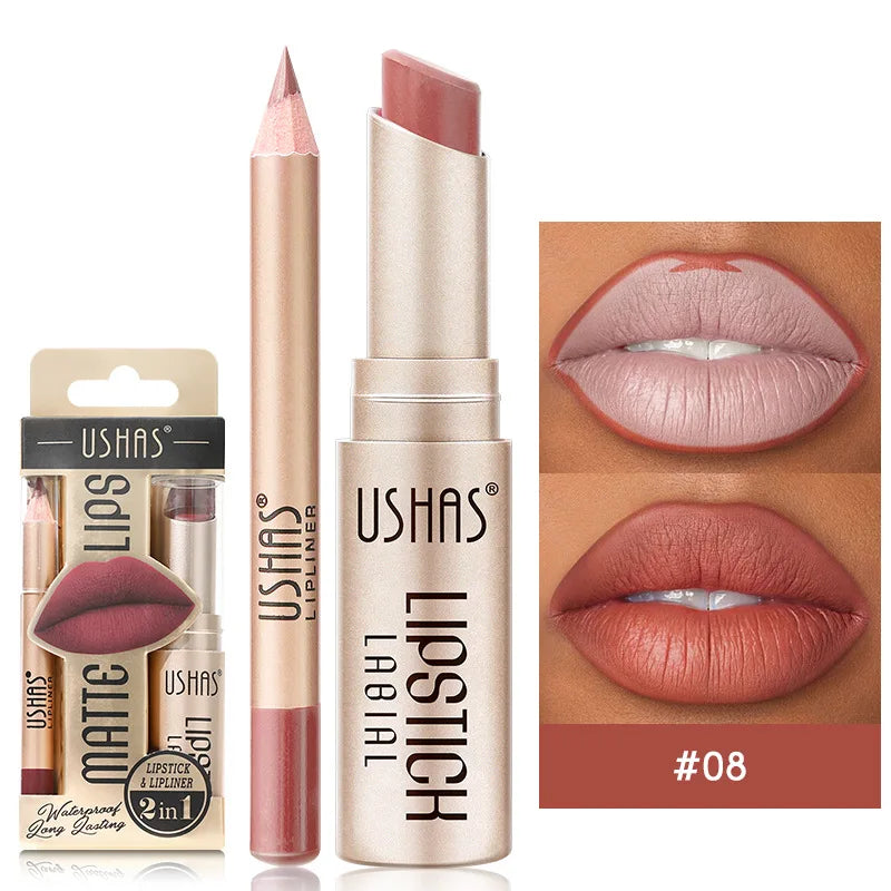 USHAS 12 Color Lip Liner + LIPSTICK Set Easy Coloring Matte Lipstick Long lasting nude red lipstick CZ0246-08