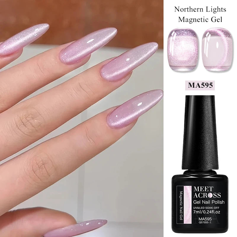 MEET ACROSS 7ml Porcelain White Cat Eye Gel Polish Holographic Glitter Magnetic Galactic Effect Gel Nail Polish Soak Off UV Gel Q57555-1