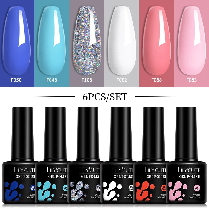 LILYCUTE 6Pcs/Set 7ML Gel DIY Nail Polish Bright Pink Semi Permanent Soak Off UV LED Gel Varnish Nail Art Design Manicure ...