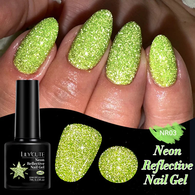 LILYCUTE 7ML Neon Reflective Glitter Gel Nail Polish Soak Off Super Shining Champagne Gold UV Gel Polish For Nail Art Mani...