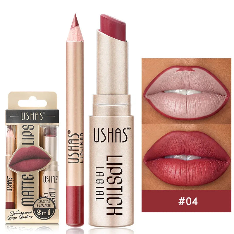 USHAS 12 Color Lip Liner + LIPSTICK Set Easy Coloring Matte Lipstick Long lasting nude red lipstick CZ0246-04