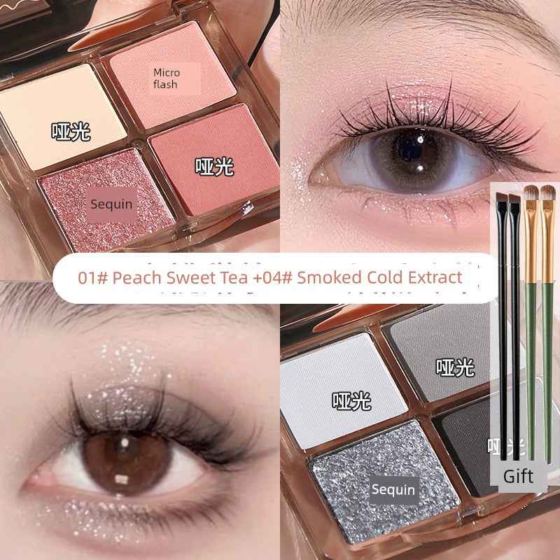 U Try to Wake up with Daydreaming Four Color Eyeshadow Palette 2024 New Arrival Pink Brown Earth Color Smoked Plate for Beginners 2 boxes (01#+04#)+2 eye shadow brushes +2 Blade eye brushes