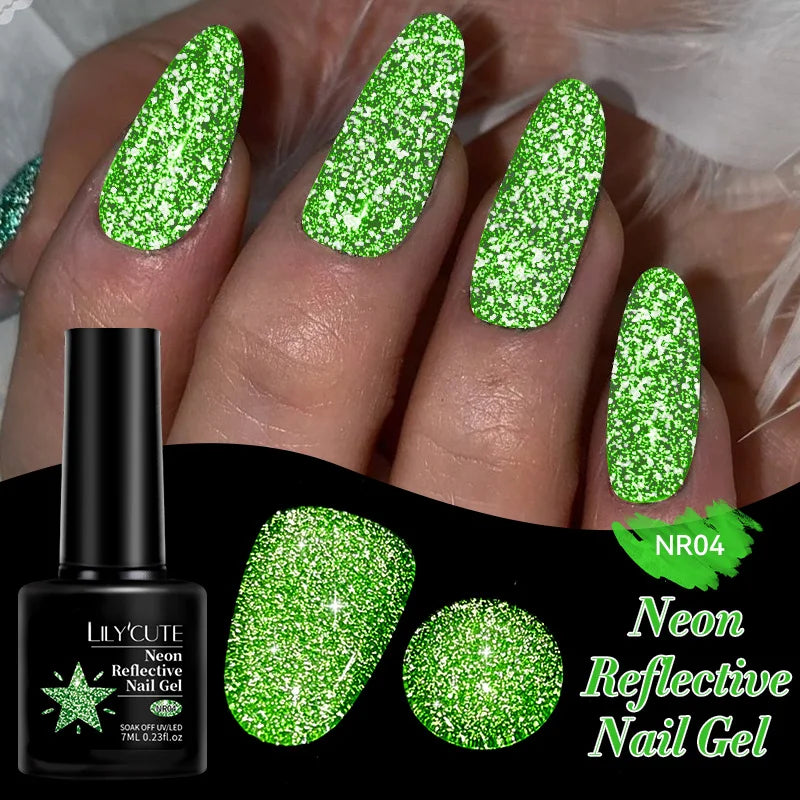 LILYCUTE 7ML Neon Reflective Glitter Gel Nail Polish Soak Off Super Shining Champagne Gold UV Gel Polish For Nail Art Mani...