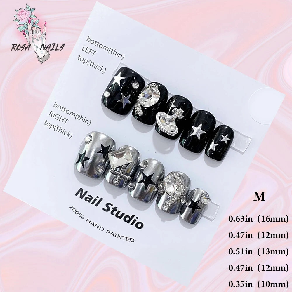 Silver Star Fake Nail Pressons Short Square Clear Rhinestones Punk Tip Saturn Stars False Tips Presson Y2k Black Press on ...