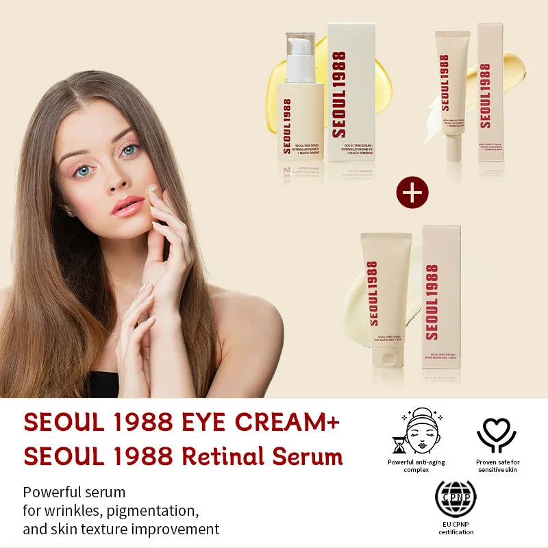 Seoul 1988 Anti-Aging Trio: 4% Retinal Eye Cream + 2% Retinal Serum w/ Black Ginseng for Wrinkles & Brightening,Korean Skincare