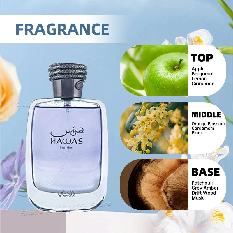 100ml Hawas Perfume for Men Original Rasasi Eau de Parfum Long-Lasting Fragrance Pour Spray Aquatic Scent High Quality Cologne Aurora Glow Avenue