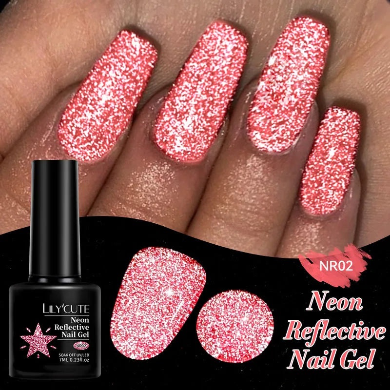 LILYCUTE 7ML Neon Reflective Glitter Gel Nail Polish Soak Off Super Shining Champagne Gold UV Gel Polish For Nail Art Mani...