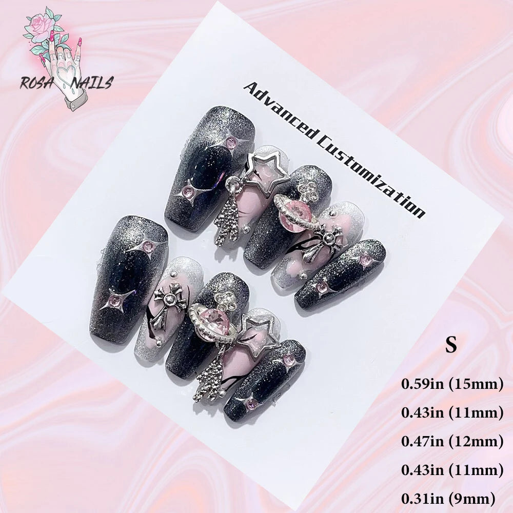 Silver Star Fake Nail Pressons Short Square Clear Rhinestones Punk Tip Saturn Stars False Tips Presson Y2k Black Press on ...