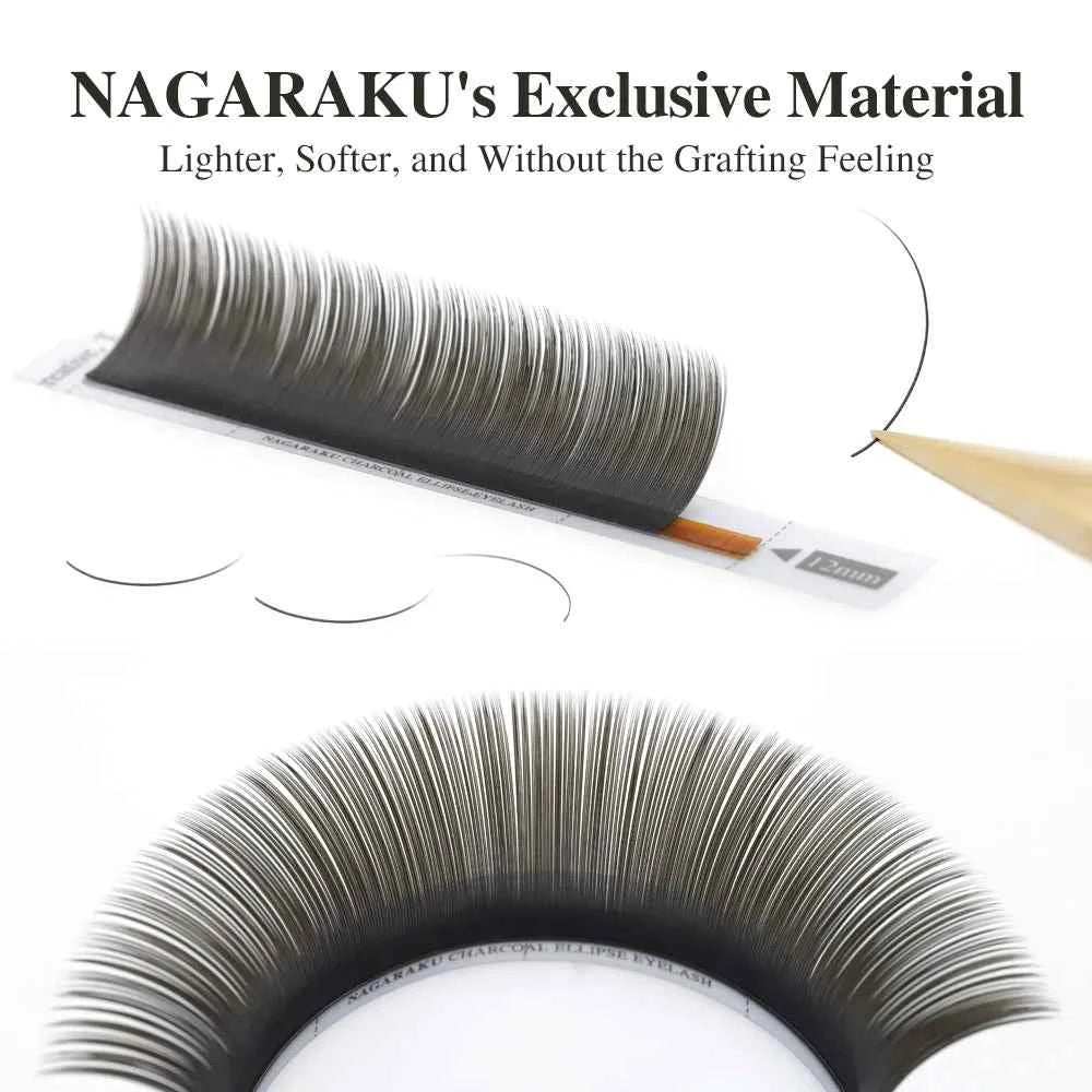 NAGARAKU Flat Ellipse Eyelashes Split Tips L Curl Lashes 0.15 0.20 Matte Charcoal Super Soft Natural Eyelash Extension - 