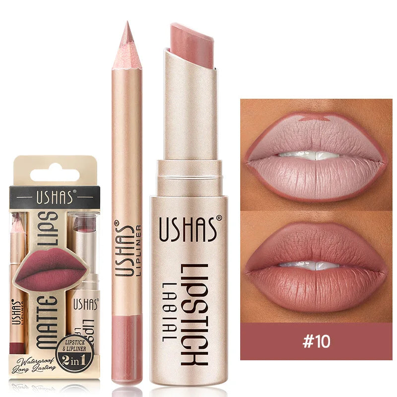 USHAS 12 Color Lip Liner + LIPSTICK Set Easy Coloring Matte Lipstick Long lasting nude red lipstick CZ0246-10