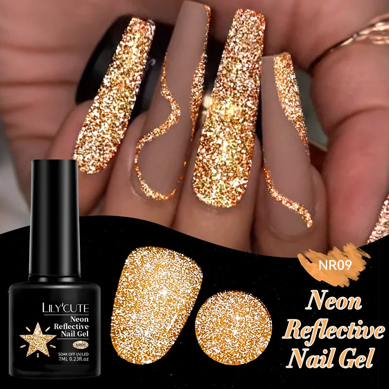 LILYCUTE 7ML Neon Reflective Glitter Gel Nail Polish Soak Off Super Shining Champagne Gold UV Gel Polish For Nail Art Mani...