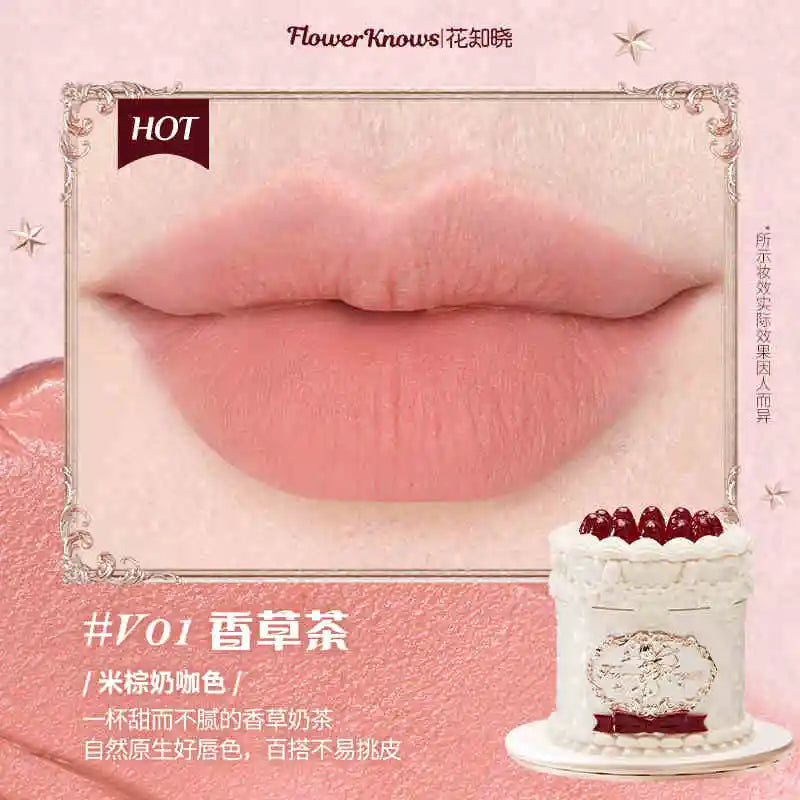 Flower Knows Strawberry Rococo Series Cloud Lip Cream Lip Gloss Long Lasting Velvet Lip Tint Lipstick for Women Cosmetic V01