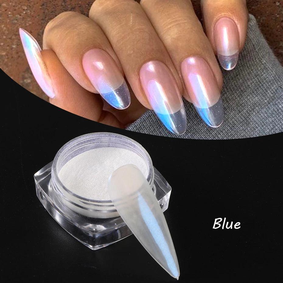 Moonlight Pearl White Nails Glitter Dust Chrome Aurora White Rubbing on Powder Shell Mirror Pigment Nail Art Supplies Decoration ZY03 Blue