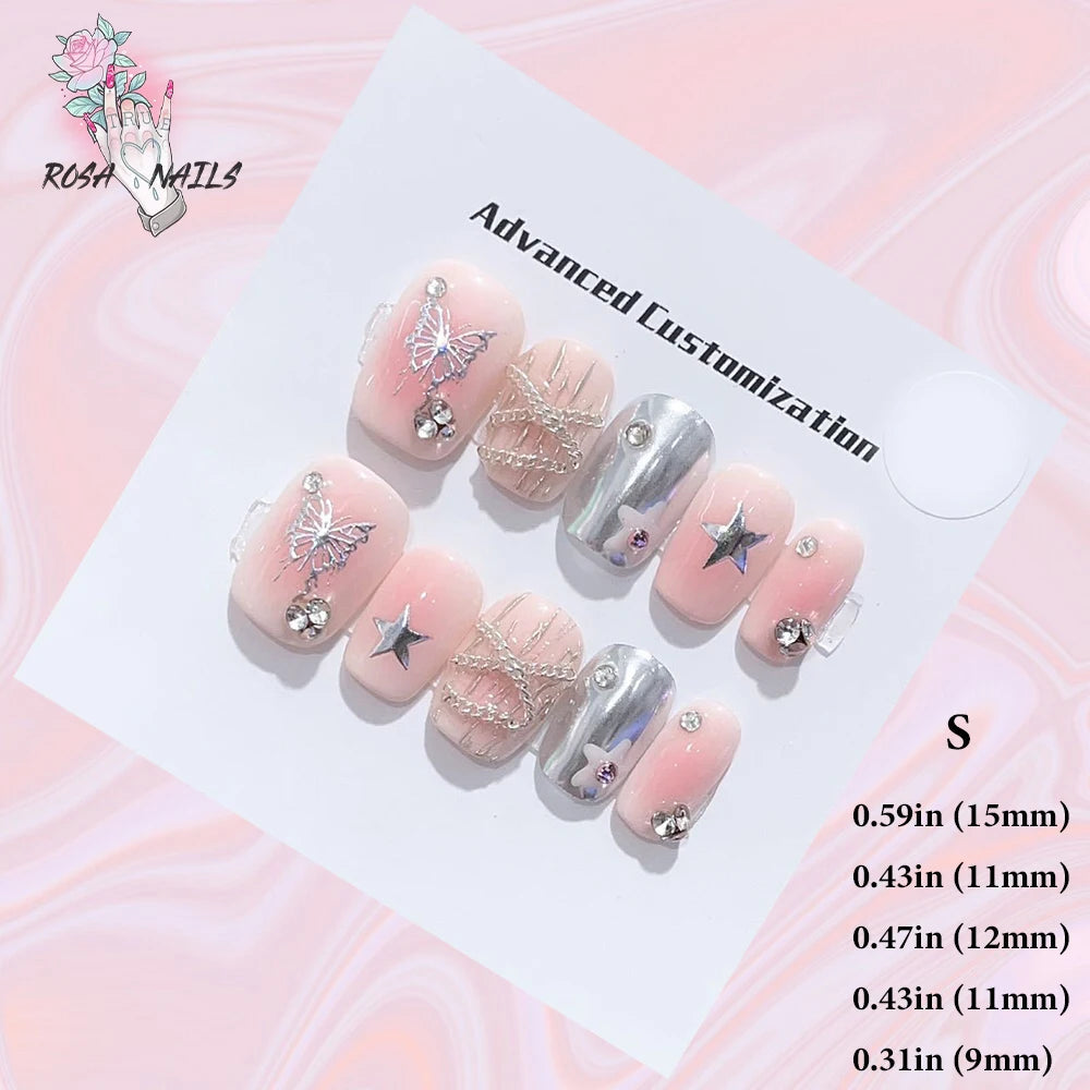 Silver Star Fake Nail Pressons Short Square Clear Rhinestones Punk Tip Saturn Stars False Tips Presson Y2k Black Press on Nails S (No.24404)