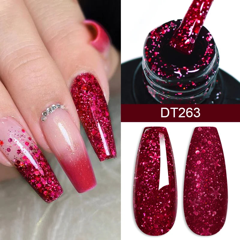 MEET ACROSS 7ml Dark Color Glitter Top Coat Gel For Nails Brocade Powder 2 In 1 Chameleon Nail Art Gel Varnish Manicure Q5...