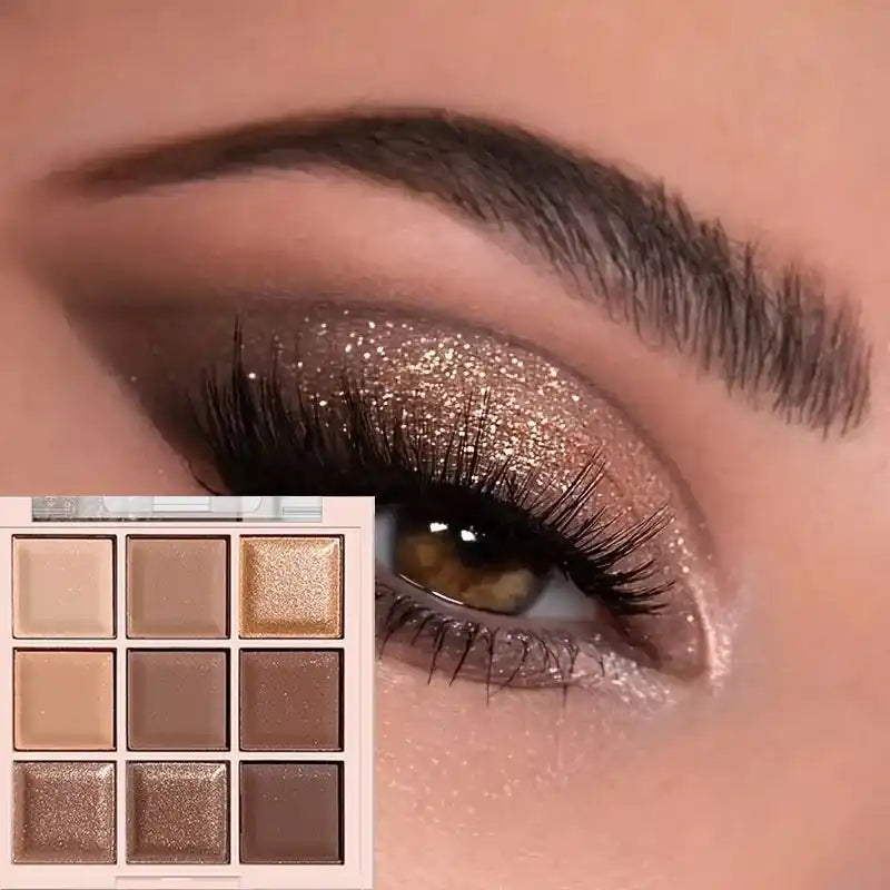 9-color eyeshadow palette, coffee brown & nude metallic tones, matte glitter & metallic finish, smoky makeup, party & stag...
