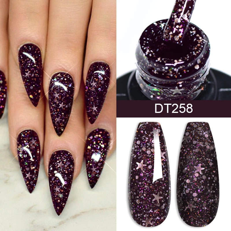 MEET ACROSS 7ml Dark Color Glitter Top Coat Gel For Nails Brocade Powder 2 In 1 Chameleon Nail Art Gel Varnish Manicure Q5...