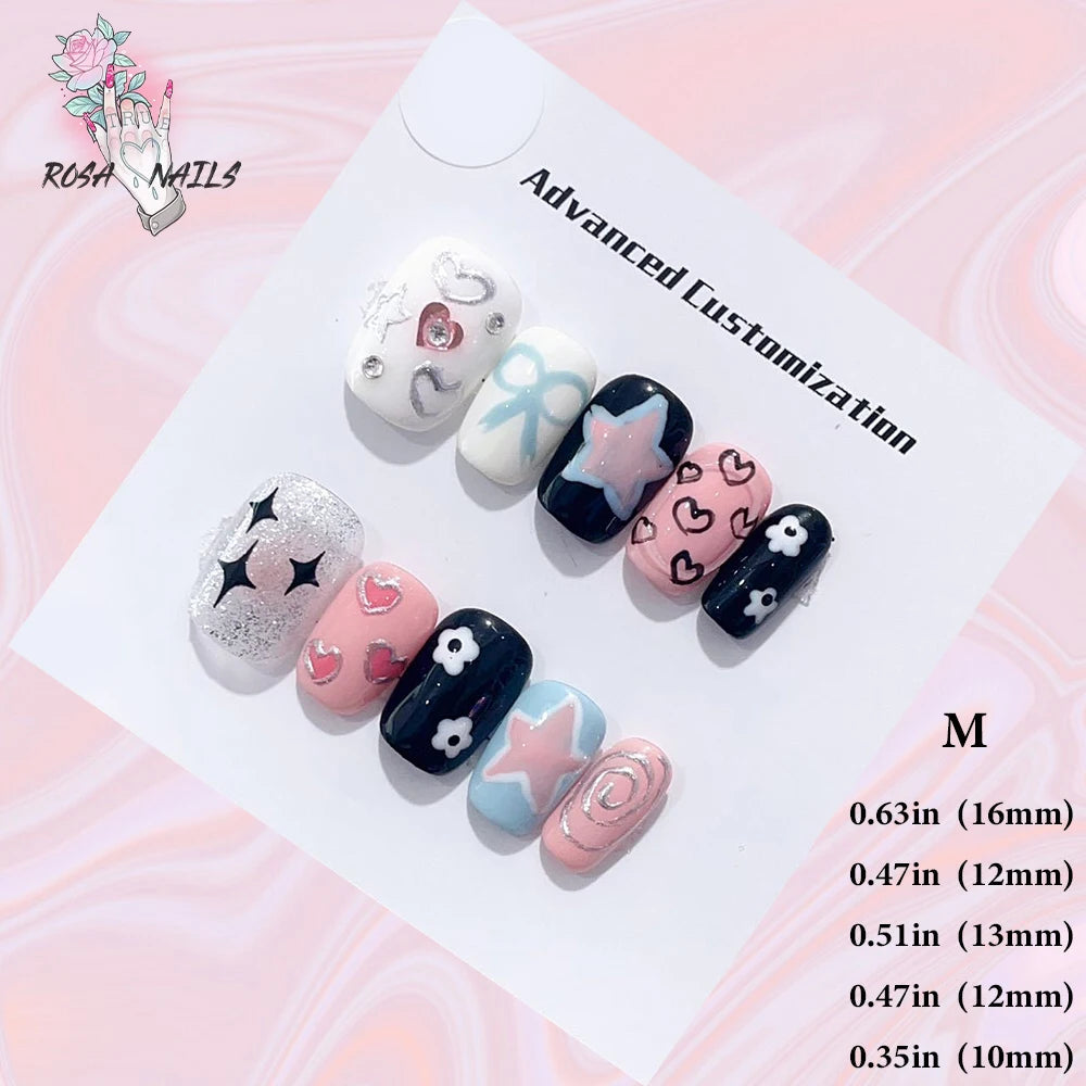 Silver Star Fake Nail Pressons Short Square Clear Rhinestones Punk Tip Saturn Stars False Tips Presson Y2k Black Press on ...