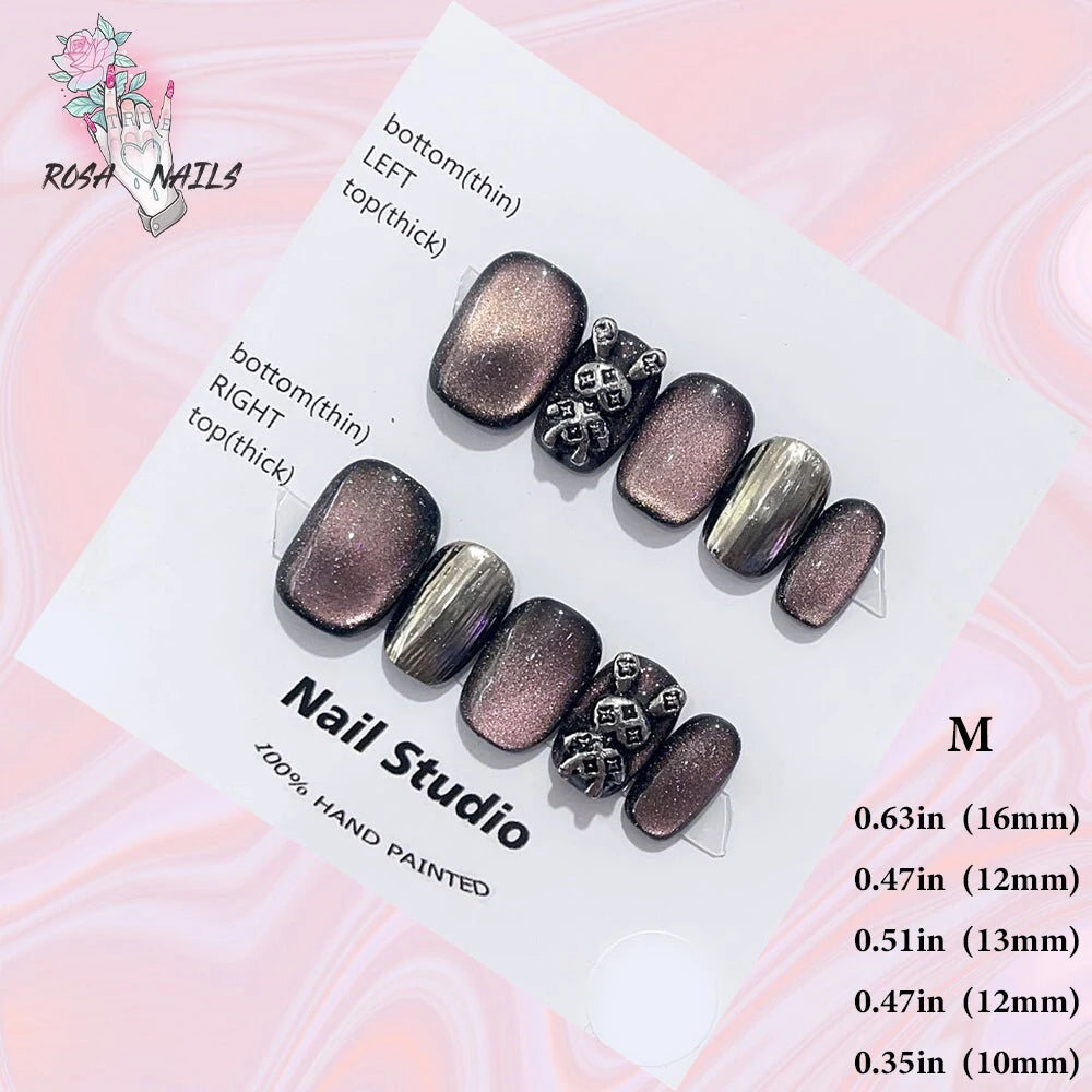 Silver Star Fake Nail Pressons Short Square Clear Rhinestones Punk Tip Saturn Stars False Tips Presson Y2k Black Press on Nails M (No.24318)