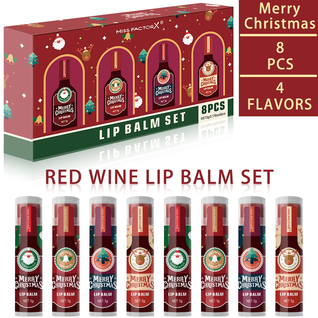 8pcs Colored lipstick Set - Christmas hot red wine with lasting taste, moisturizing and glassy luster