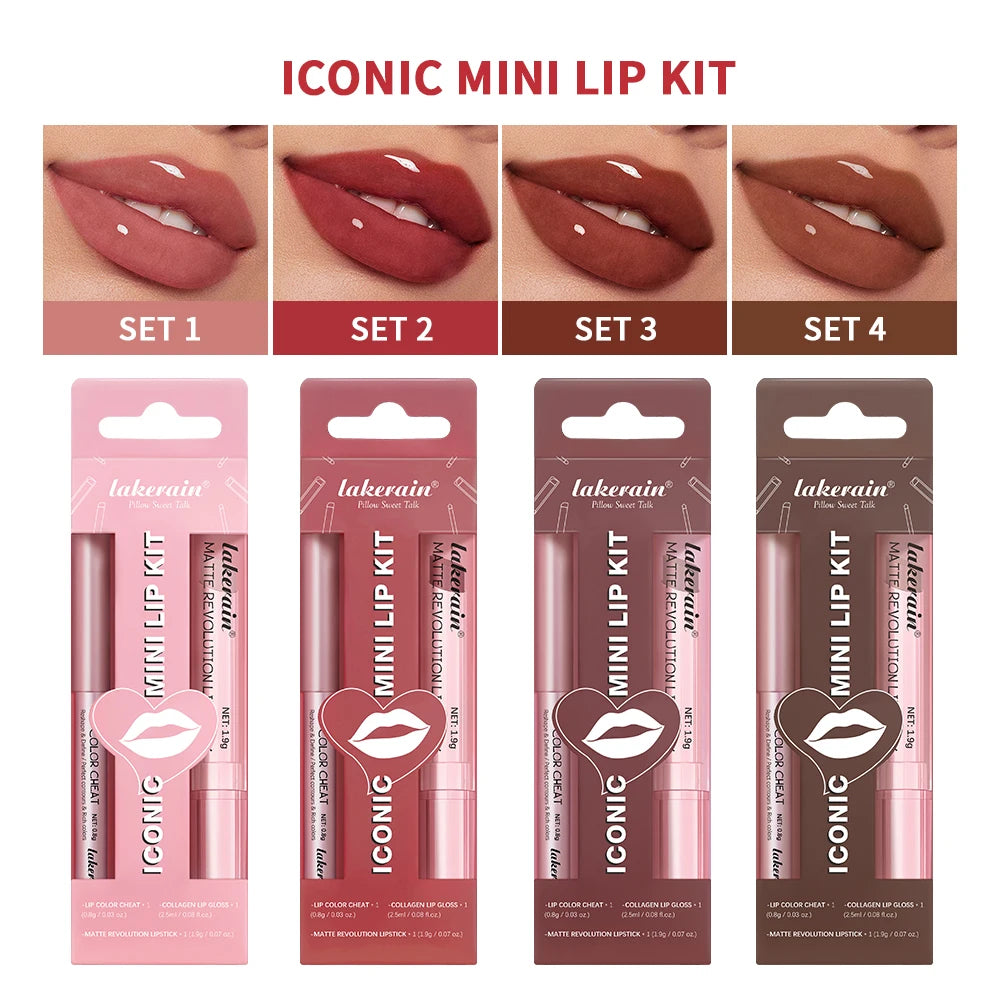 Lipliner&Lipstick Lip Gloss Set 3pcs/set Waterproof Long Lasting Lip Makeup Matte Travel Mini Set Women's Makeup Cosmetics - 