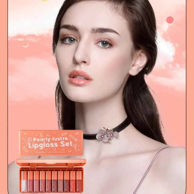 Pearlescent Liquid Lipstick 10pcs Waterproof Long Lasting Lip Gloss Shiny Moisturizing Non Fade Mini Lip Glaze Makeup Set - 