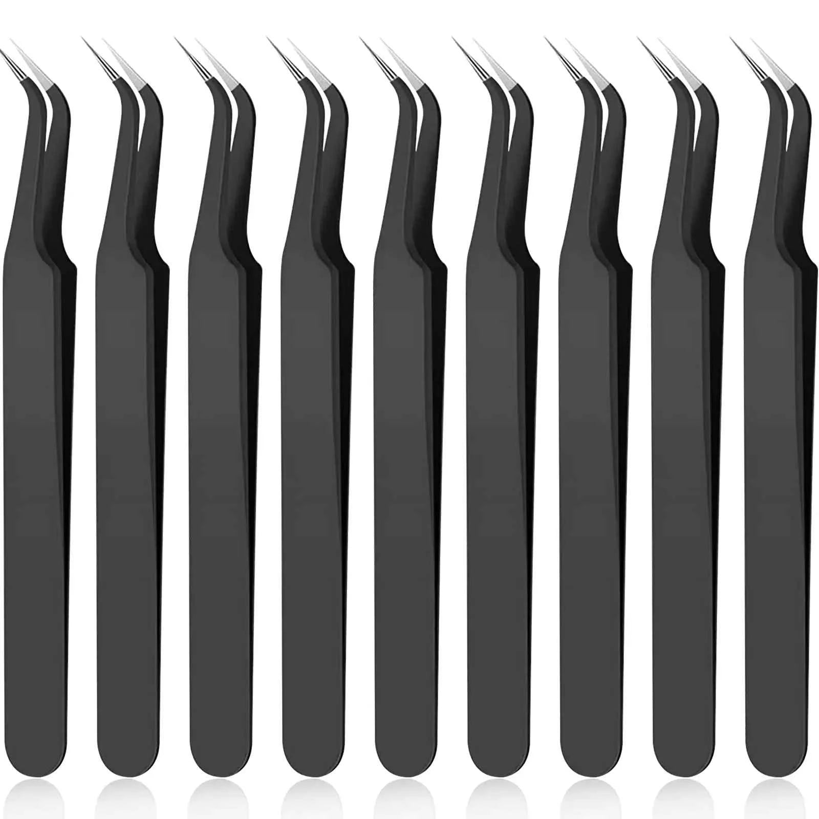 1/9Pcs Curved Tip Eyelash Extension Tweezers, Stainless Steel Curved Tip Tweezers Pointed Tip Tweezers with Protective Cover Black 9 Pcs