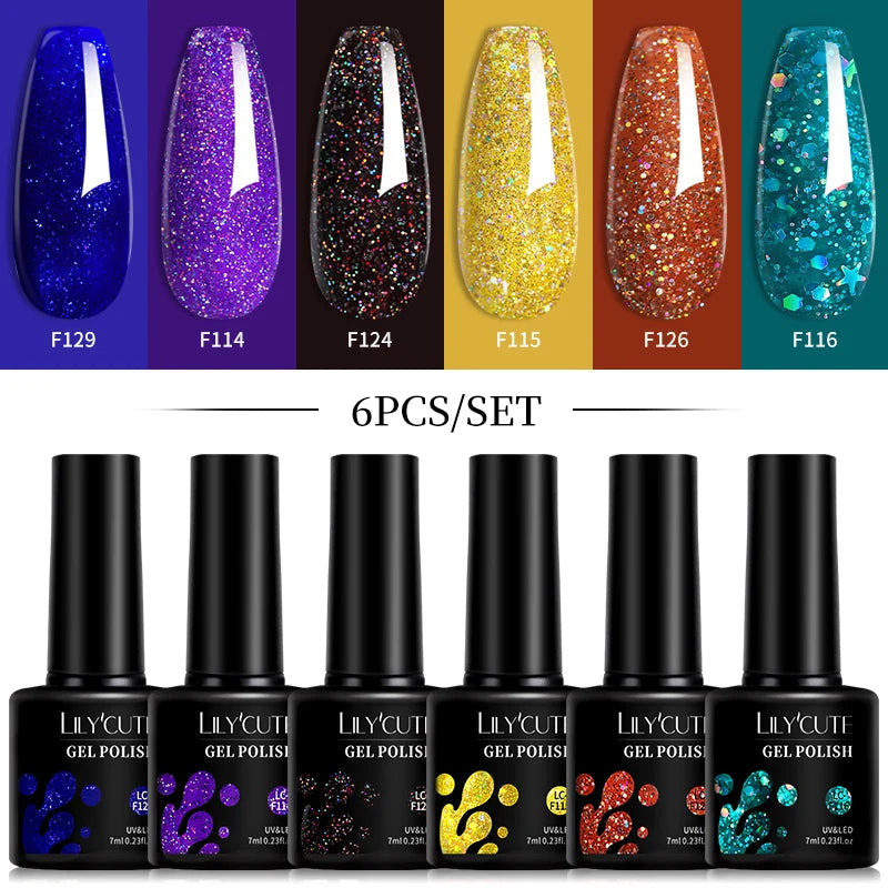 LILYCUTE 6Pcs/Set 7ML Gel DIY Nail Polish Bright Pink Semi Permanent Soak Off UV LED Gel Varnish Nail Art Design Manicure ...