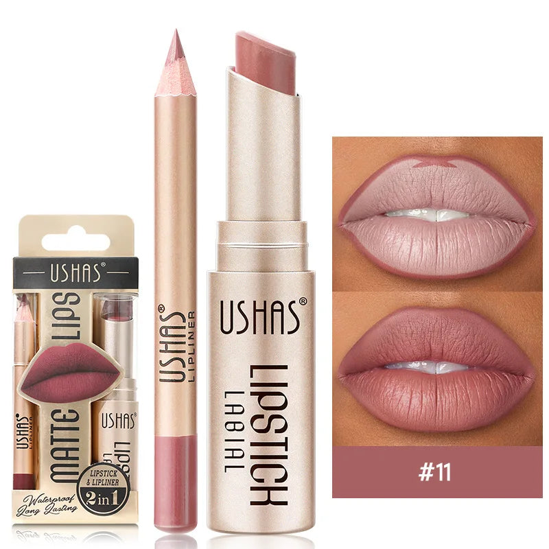 USHAS 12 Color Lip Liner + LIPSTICK Set Easy Coloring Matte Lipstick Long lasting nude red lipstick CZ0246-11