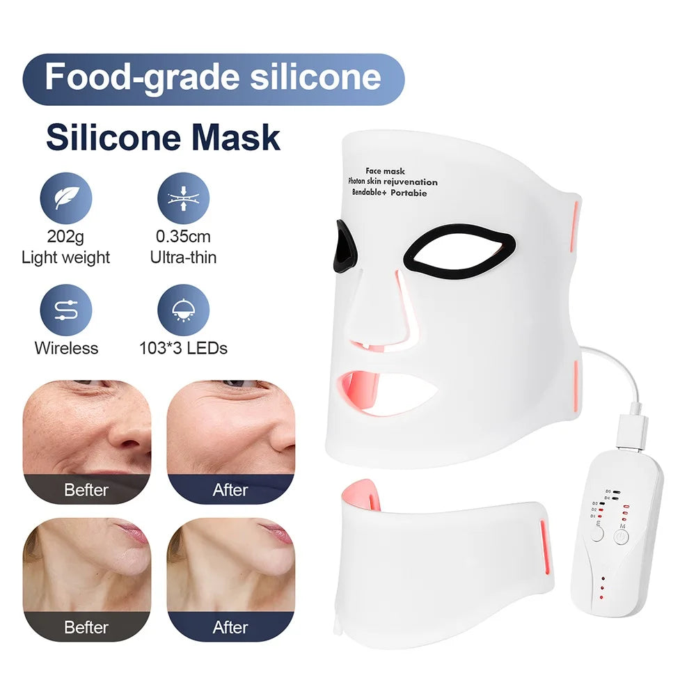 Silicone LED Mask Face With Neck 7 Colors LED Photon Red Light Infrared Therapy Flexible Facial Mask Repair Skin Wireless ...