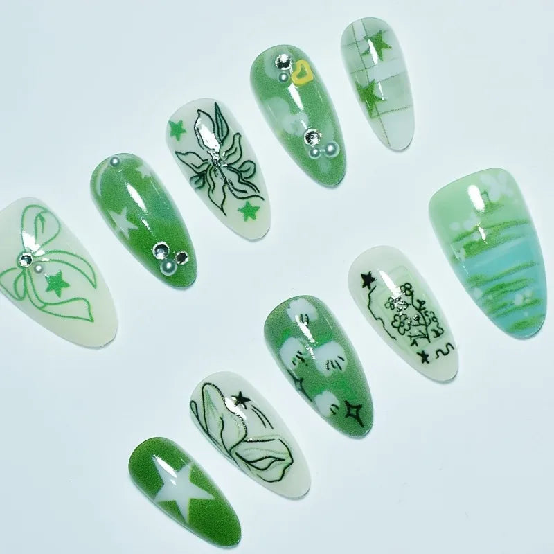New 10pcs Handmade Press on Nails Art Green Almond False Nail Tip Ocean Butterfly Flower Design Fake Nail Set Manicure for...