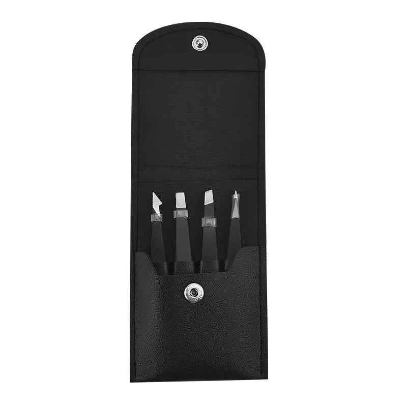 1-4pcs stainless steel eyebrow tweezers, facial hair removal tweezers, makeup eyelashes eye brow clips makeup tool set 4pcs Black x leather