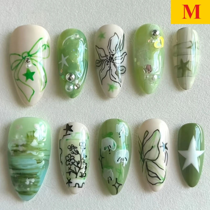 New 10pcs Handmade Press on Nails Art Green Almond False Nail Tip Ocean Butterfly Flower Design Fake Nail Set Manicure for Girls M