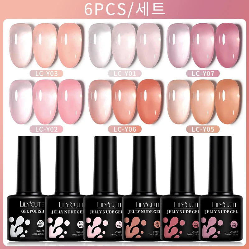 LILYCUTE 6PCS/SET 7ml Jelly Pink Nude Translucent Gel Nail Polish Set Semi Permanent Soak Off Nail Art Manicure Gel Set - 