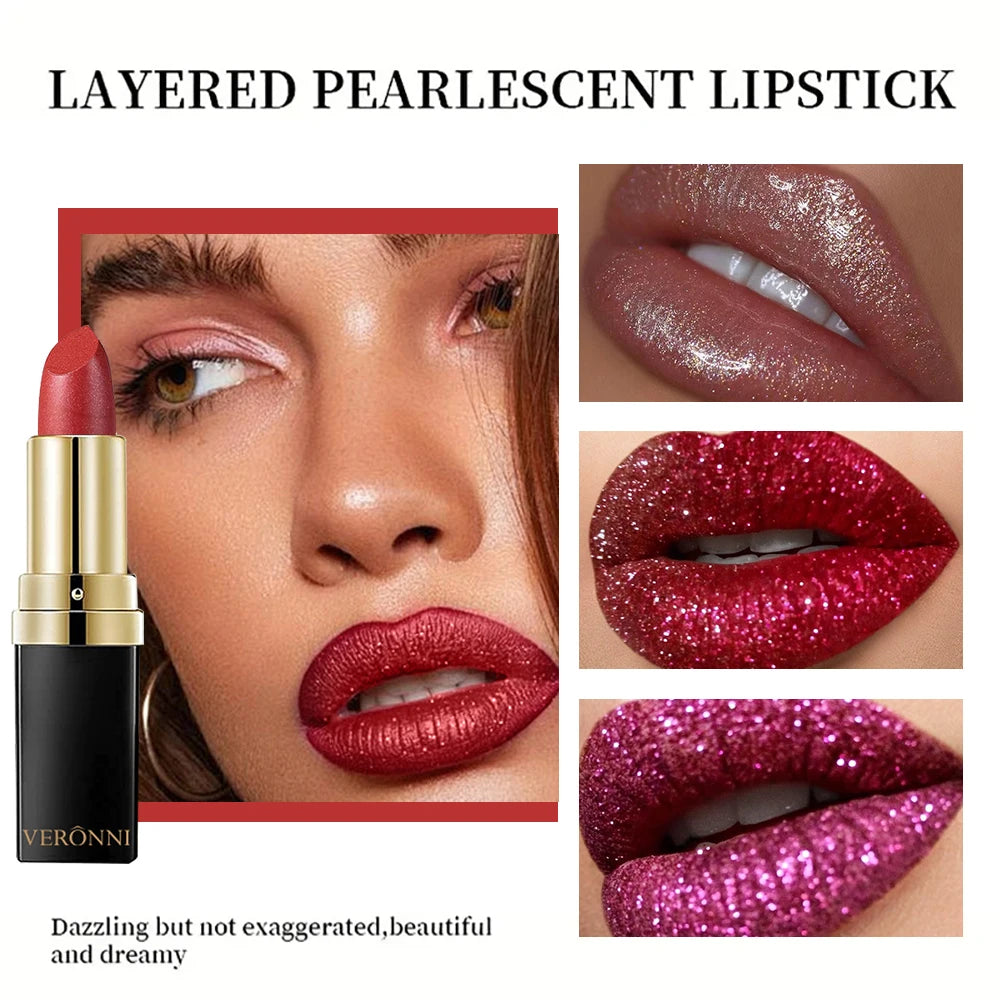10 Colors Glitter Lipstick Waterproof Long Lasting Diamond Pearlescent Metallic Lipstick Lipgloss Women Lips Makeup Cosmetic