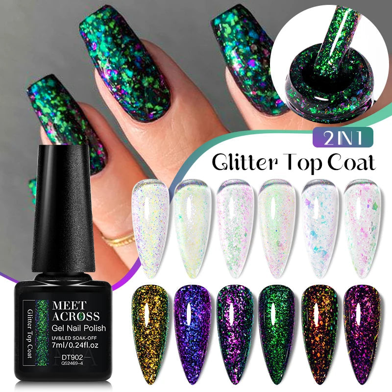 MEET ACROSS 7ml Dark Color Glitter Top Coat Gel For Nails Brocade Powder 2 In 1 Chameleon Nail Art Gel Varnish Manicure - 