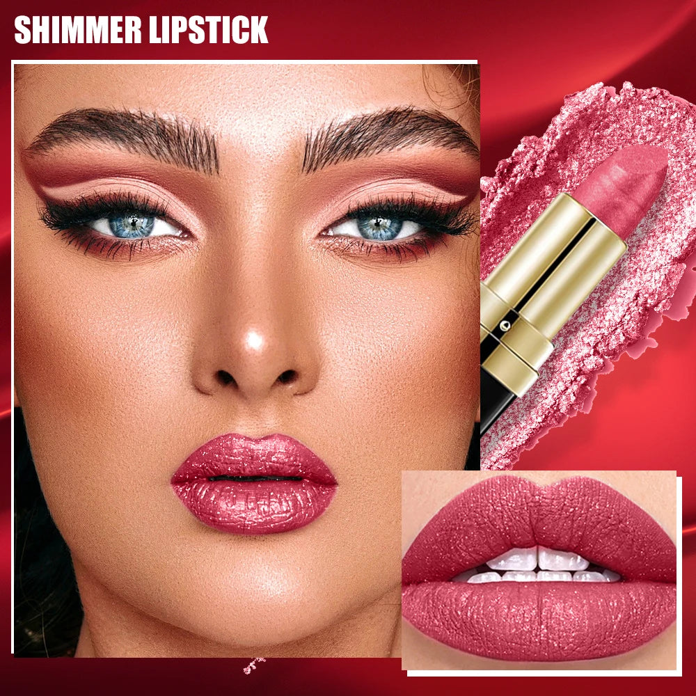 10 Colors Glitter Lipstick Waterproof Long Lasting Diamond Pearlescent Metallic Lipstick Lipgloss Women Lips Makeup Cosmetic