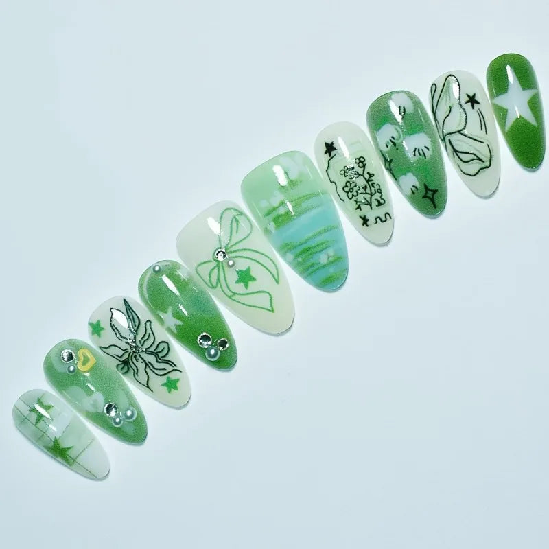 New 10pcs Handmade Press on Nails Art Green Almond False Nail Tip Ocean Butterfly Flower Design Fake Nail Set Manicure for...