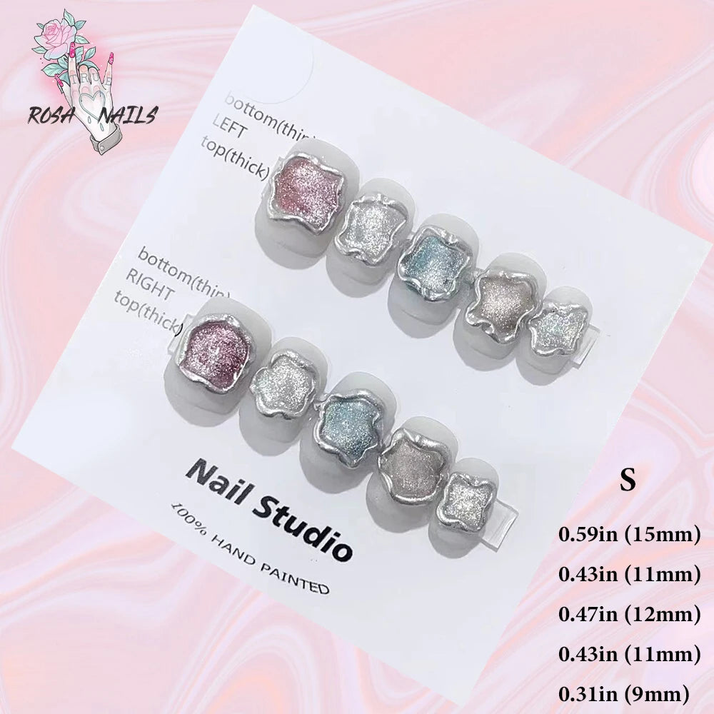 Silver Star Fake Nail Pressons Short Square Clear Rhinestones Punk Tip Saturn Stars False Tips Presson Y2k Black Press on ...